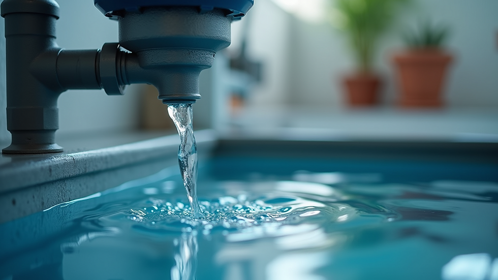 Close-up view of a water filtration system with clear water flowing through it