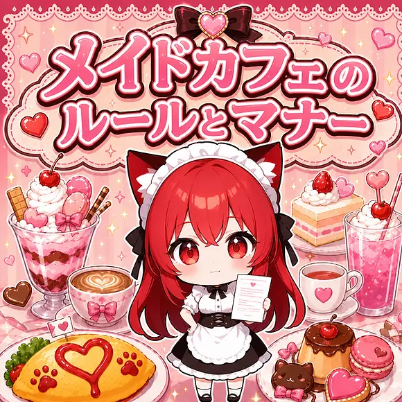 Moe Handbookのマスコット「MHちゃん」が、赤い髪のちび猫耳メイド姿でルールが書かれた紙を持ち、中央で微笑んでいます。周囲に はオムライス、パフェ、ケーキ、プリン、コーヒーなどの可愛らしいメイドカフェメニューが並び、ハートやきらめき、レースで彩られた秋葉原らしいデザインの中に、「メイドカフェのルールとマナー」のタイトルが大きく描かれています。