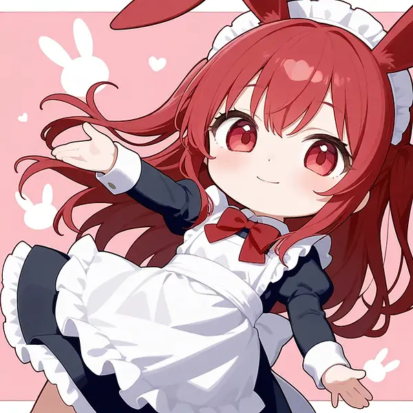 A cute chibi-style red-haired bunny-ear maid smiles and reaches forward, her frilly white apron fluttering as pink hearts and bunny silhouettes decorate the background.