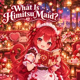 MH-chan holding a Himitsu Maid guidebook with a curious expression inside a warm Akihabara maid café.