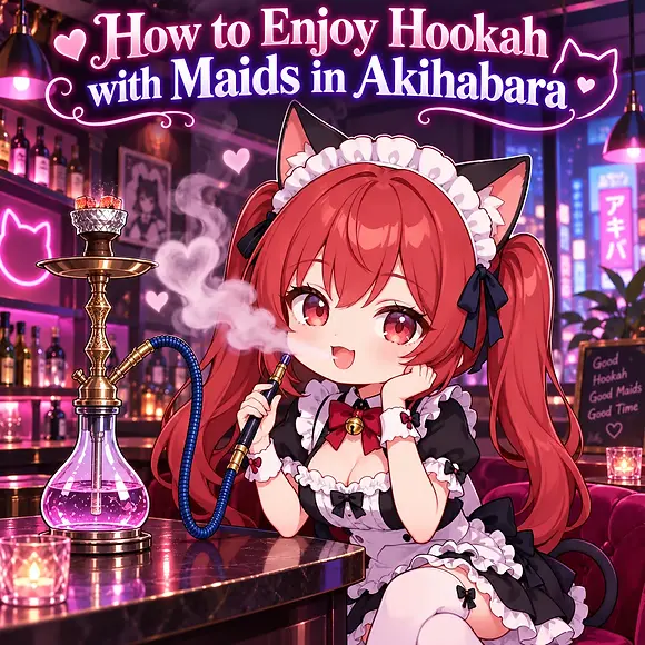 An illustration titled "How to Enjoy Shisha with a Maid in Akihabara," featuring "MH-chan"—the red-haired, cat-eared maid from the Moe Handbook—exhaling smoke while enjoying shisha at a neon-lit bar in Akihabara.