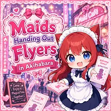 MH-chan, the cheerful chibi red-haired catgirl mascot of Moe Handbook, happily hands out maid café flyers on an Akihabara street at night. Surrounded by sparkling lights, hearts, and a cute maid café aesthetic, the illustration features the title "Maids Handing Out Flyers in Akihabara" in colorful, playful lettering.