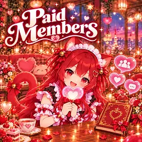 MH-chan holding a glowing oshi heart beside a premium Himitsu Maid guidebook and private-community symbols for paid members.