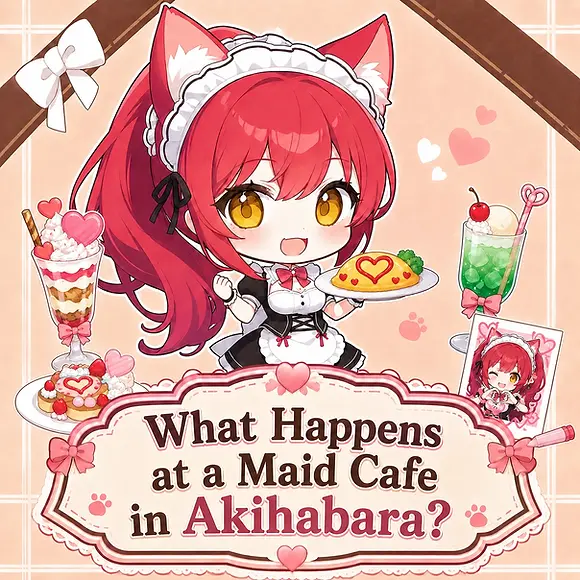 MH-chan, Moe Handbook’s red-haired catgirl maid, serving omurice in a cute Akihabara maid cafe illustration for “What Happens at a Maid Cafe in Akihabara?”