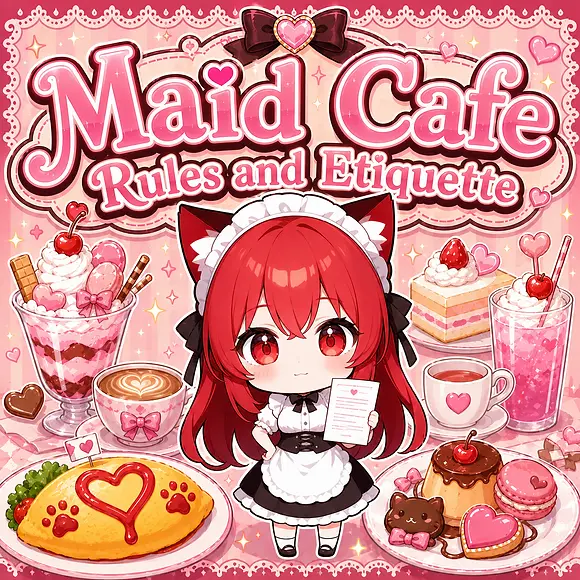 MH-chan, the cheerful chibi red-haired catgirl mascot of Moe Handbook, stands in the center wearing a classic black-and-white maid uniform while holding a rules sheet. Surrounded by adorable maid café favorites including omurice, parfaits, cakes, coffee, pudding, and colorful desserts, she smiles beneath the title "Maid Cafe Rules and Etiquette," designed in a cute pastel Akihabara maid café style with hearts, sparkles, and lace decorations.