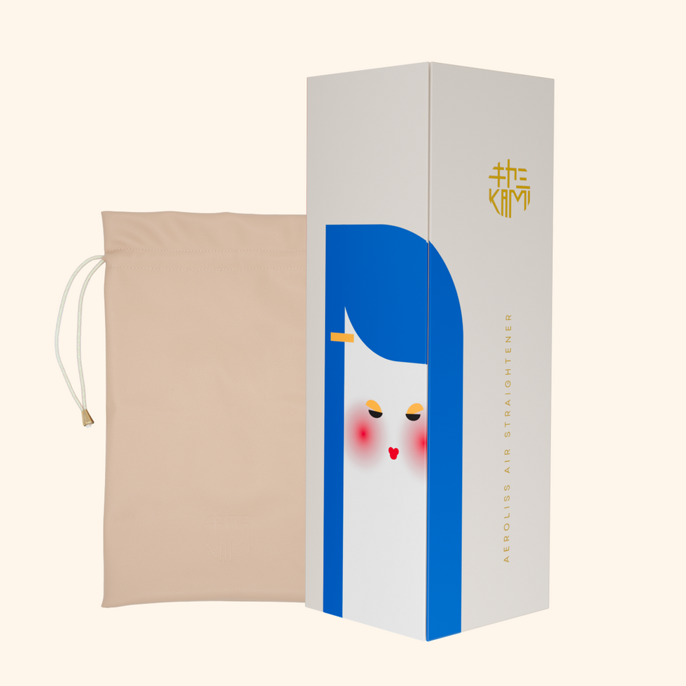 Box with a Kami illustration and a drawstring pouch, hair straightener box.