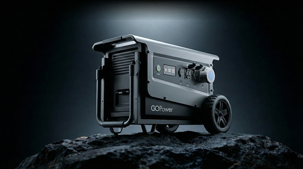 GO Power portable generator displayed on rocks, with control panel. GO Power