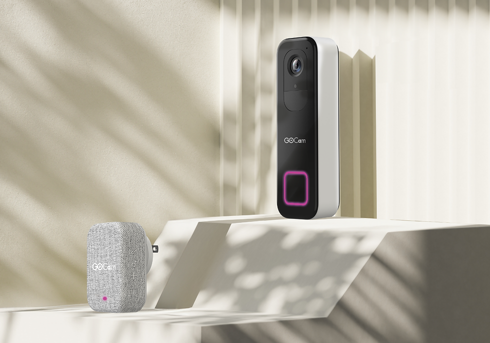 Go Cam white security camera with Go Cam text and a grey device