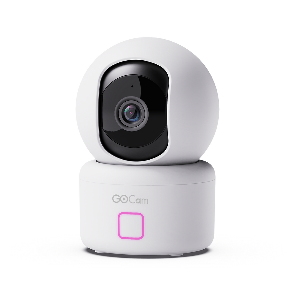 White Go Cam security camera with pink button, Go Cam.