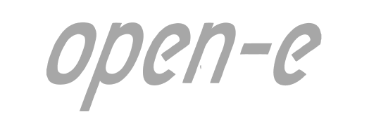 לוגו open-e בטקסט אפור על רקע שחור