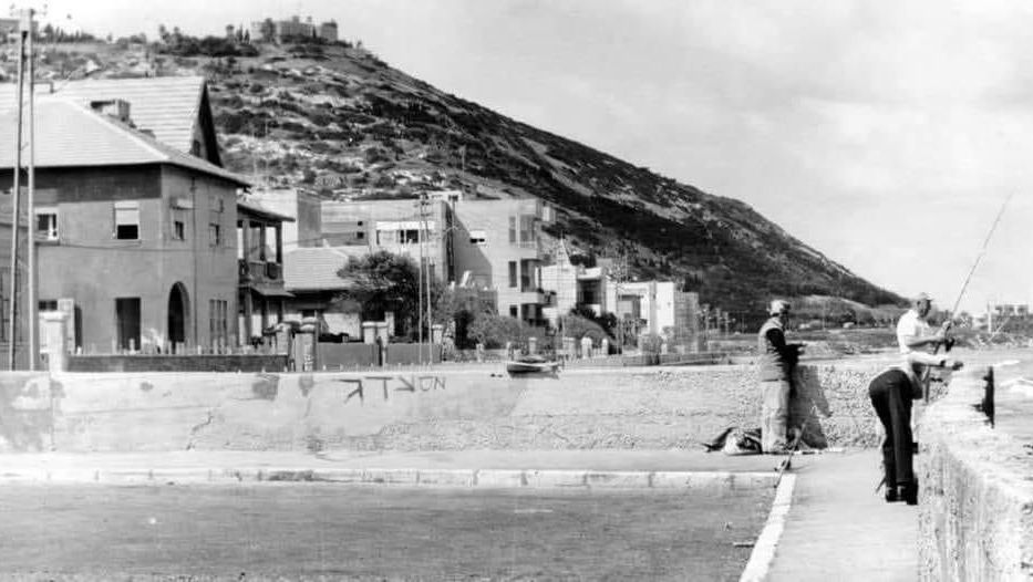 Black and white photo of houses and hill