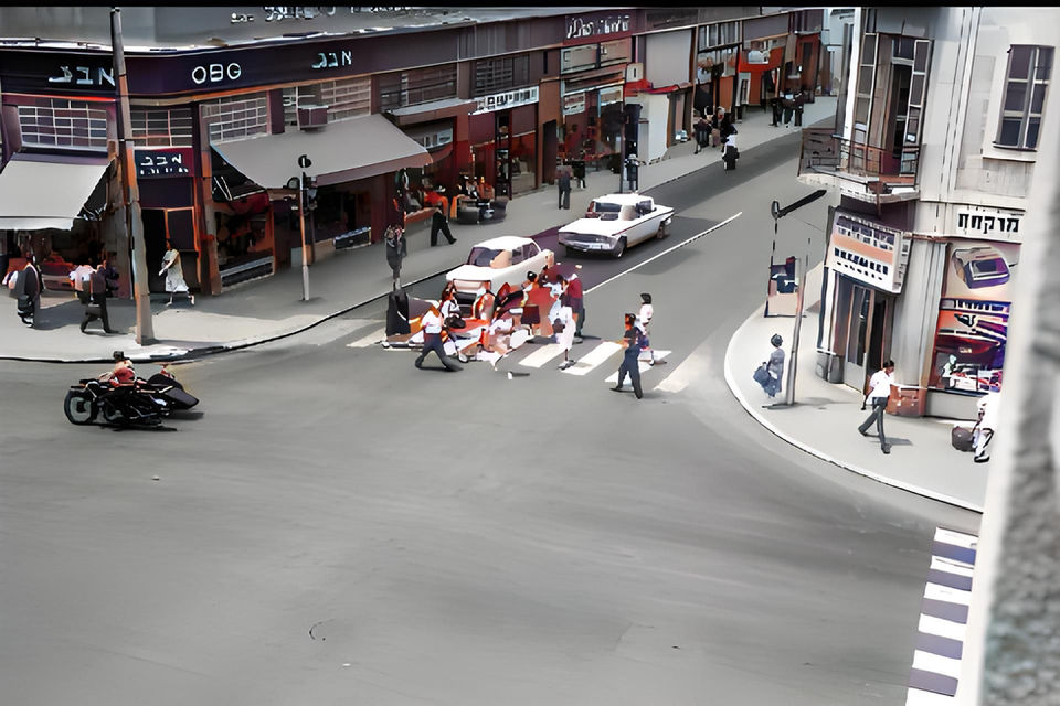 Busy street scene, people crossing, cars waiting