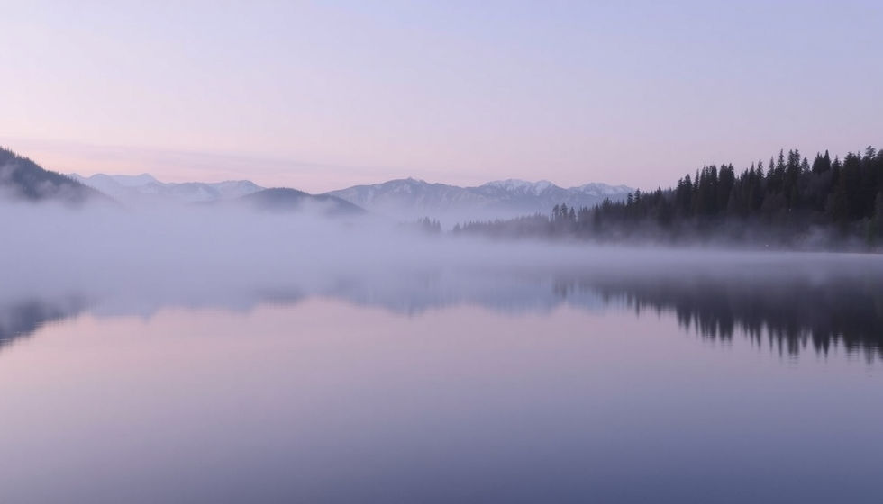 Eye-level view of a serene landscape with a calm lake and surrounding trees