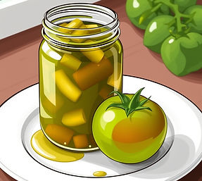 illustration of canning jar of green tomato relish with a green tomato on a plate.jpg