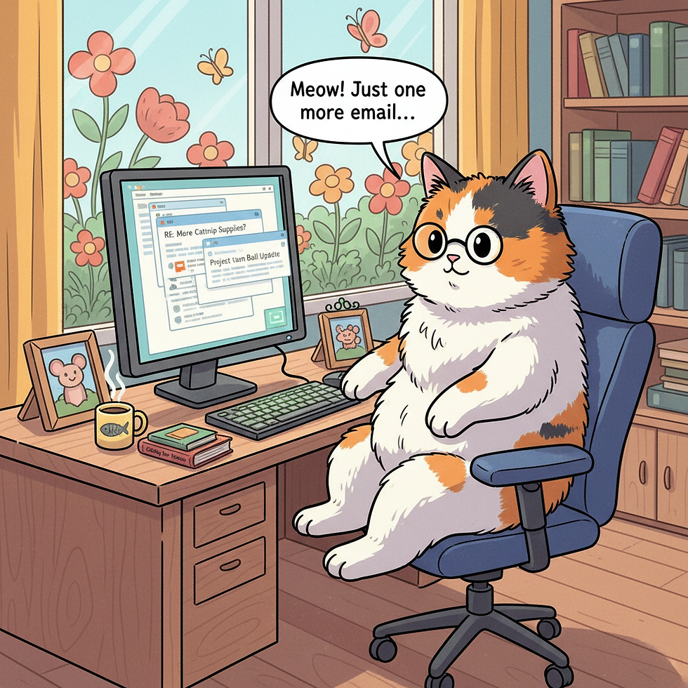 Firefly_cartoon image of a Calico cat sitting next to computer answering emails 492677.png