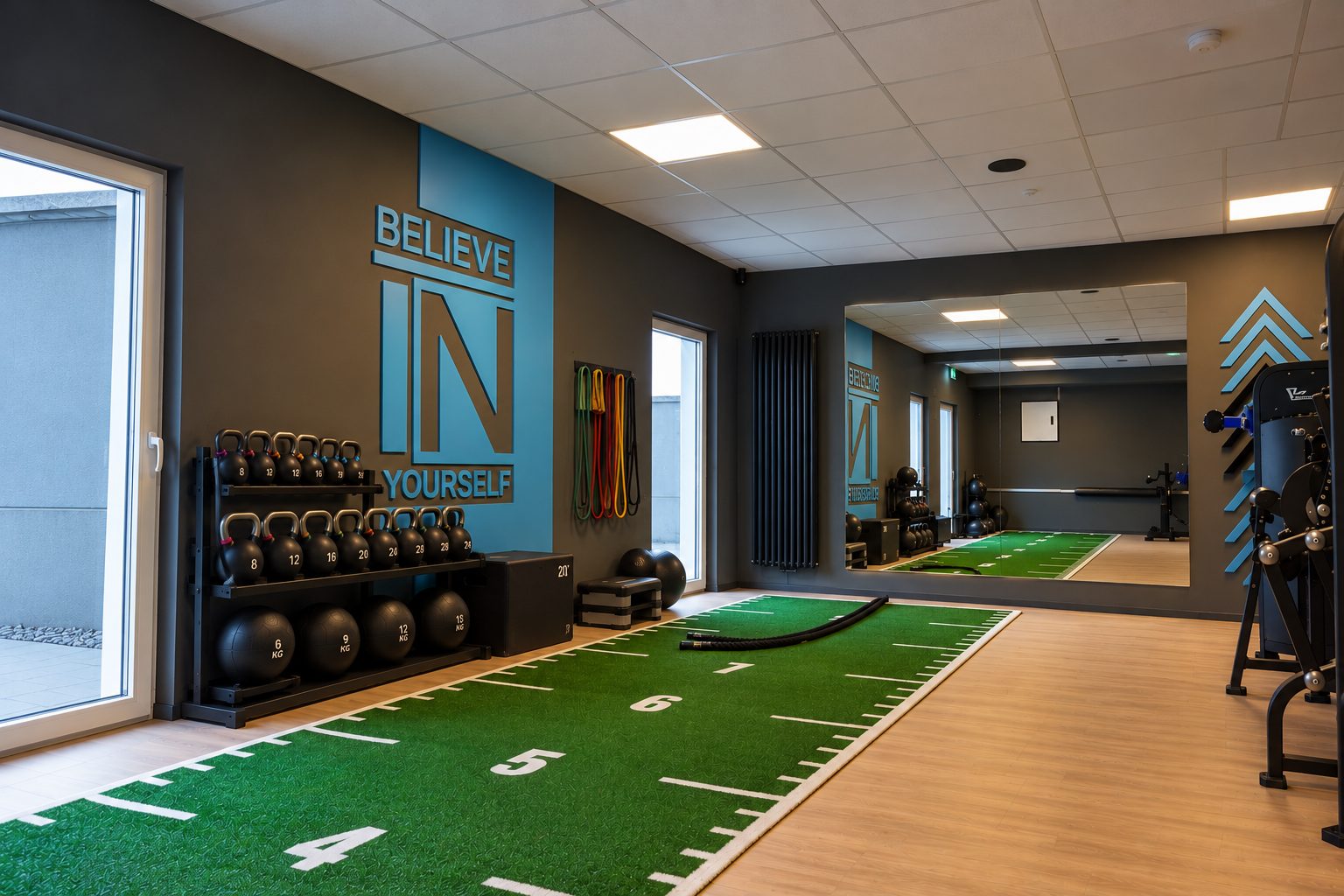 Functional-Bereich mit Kettlebells und Sprintbahn