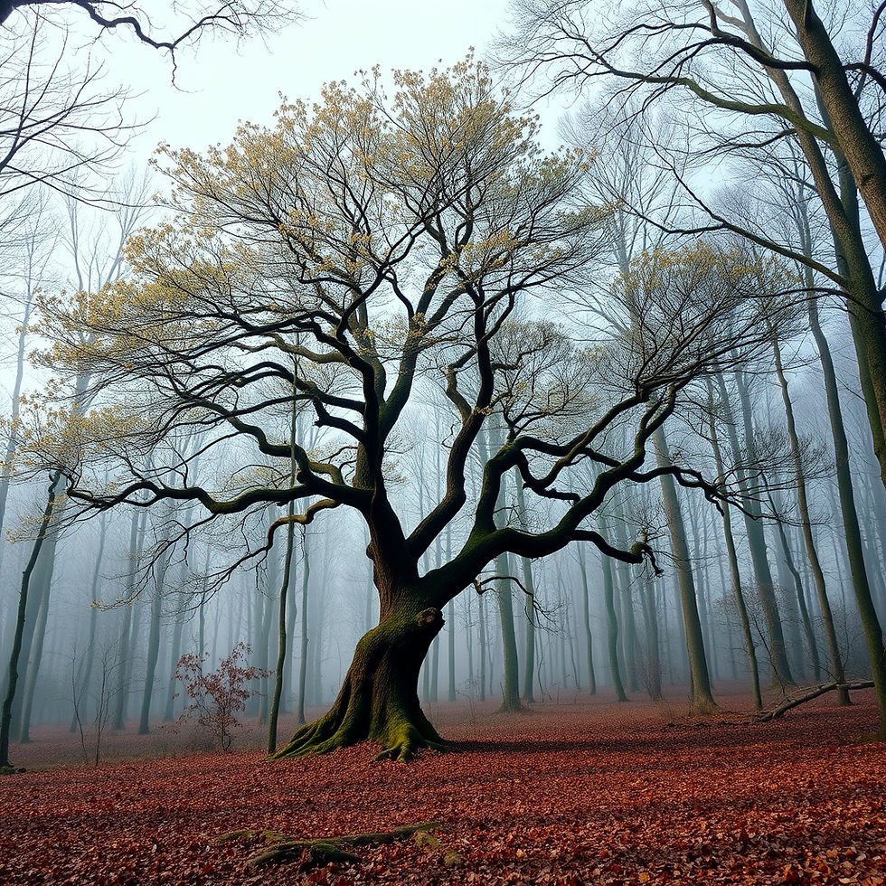 Ein großer Baum mit Blättern und einem Nebelwald im Hintergrund.