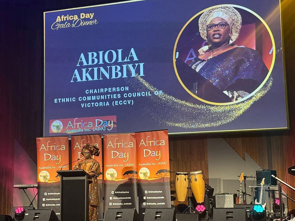 CV Chairperson Abiola Akinbiyi addresses the 2025 Africa Day Gala Dinner in Melbourne.