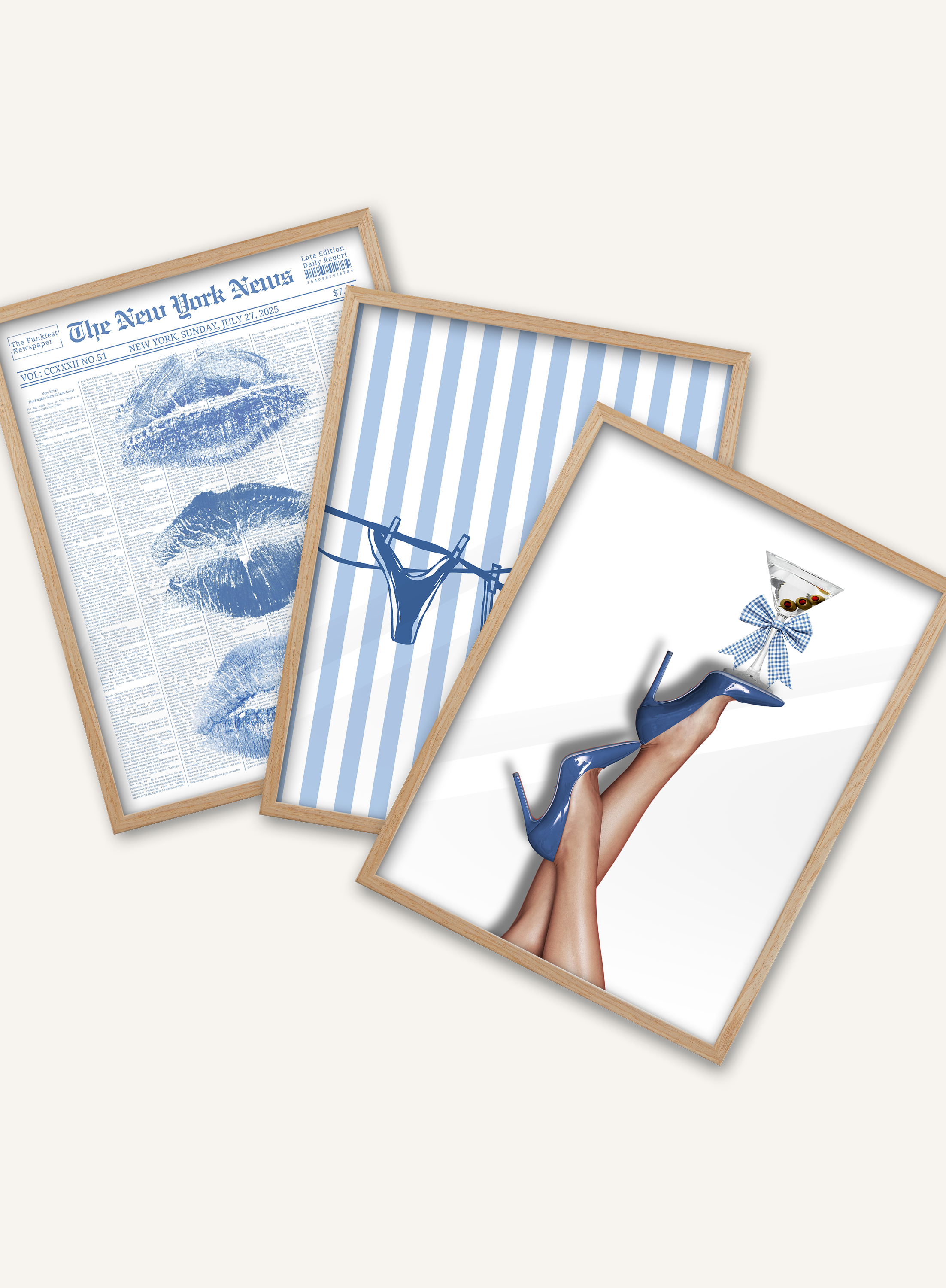 Retro Coquette Vintage Y2K Blue Lips Bikini Bow Heels Canvas Wall Decor