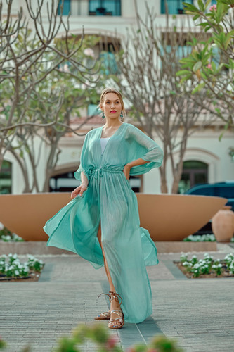 Cyan Blue Chiton Dress With Golden Thread Cyan Blue Chiton Dress With Golden Thread
