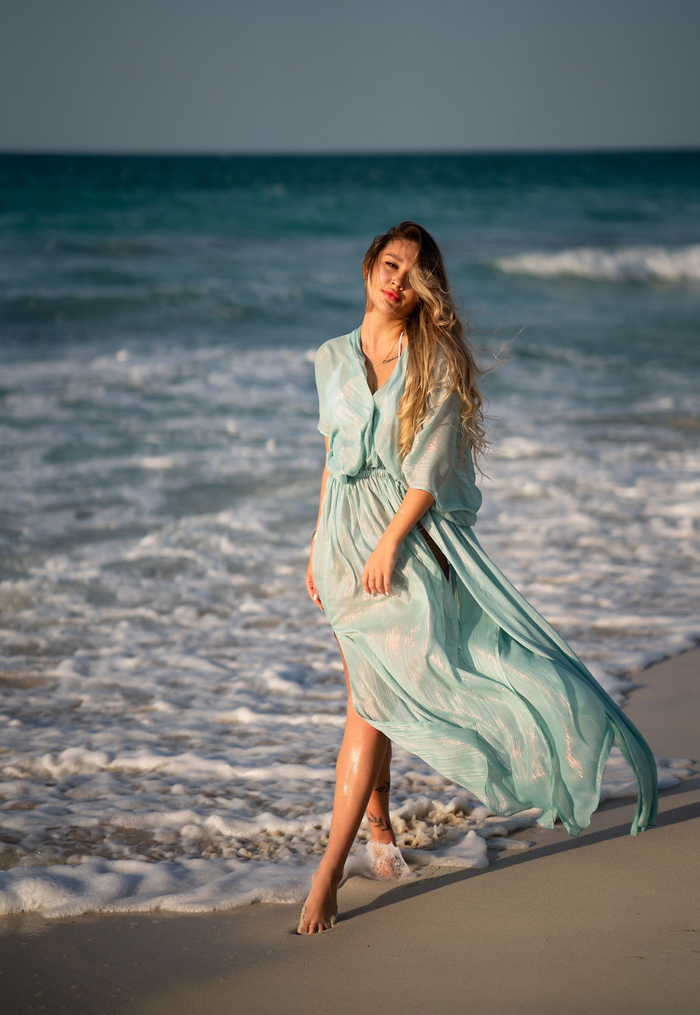 Thumbnail: Cyan Blue Chiton Dress With Golden Thread