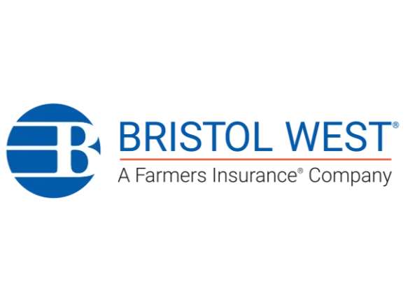 Bristol West logo with text and blue and orange design on black background