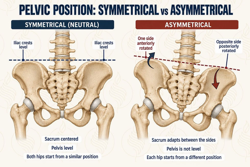 Anatomical comparison of a symmetrical pelvis and asymmetrical pelvic tilt showing differences in pelvic position and sacral alignment.