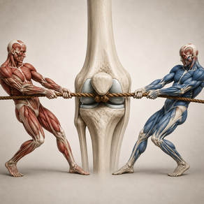 Anatomical muscle figures playing tug-of-war around a knee joint to represent muscular imbalance