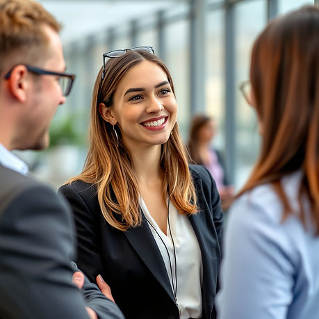 Professional young woman in business casual outfit talking with colleages and smiling.jpg