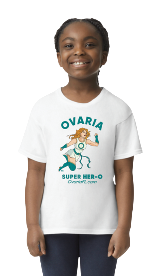 Model wearing an Ovaria awareness shirt, standing and smiling in a casual pose.