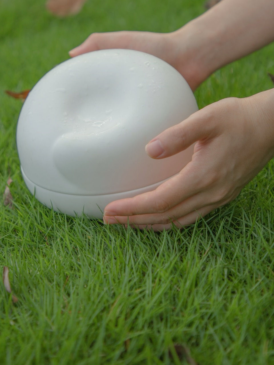 Miniaturbild: White pet urn held gently in hands, outdoors