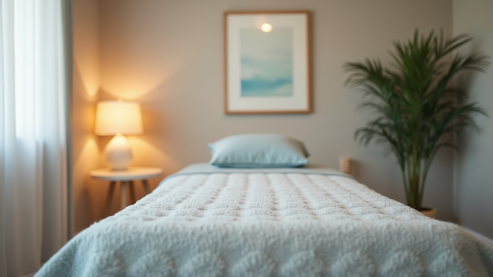 Eye-level view of a calm therapy room with a treatment table and soft lighting