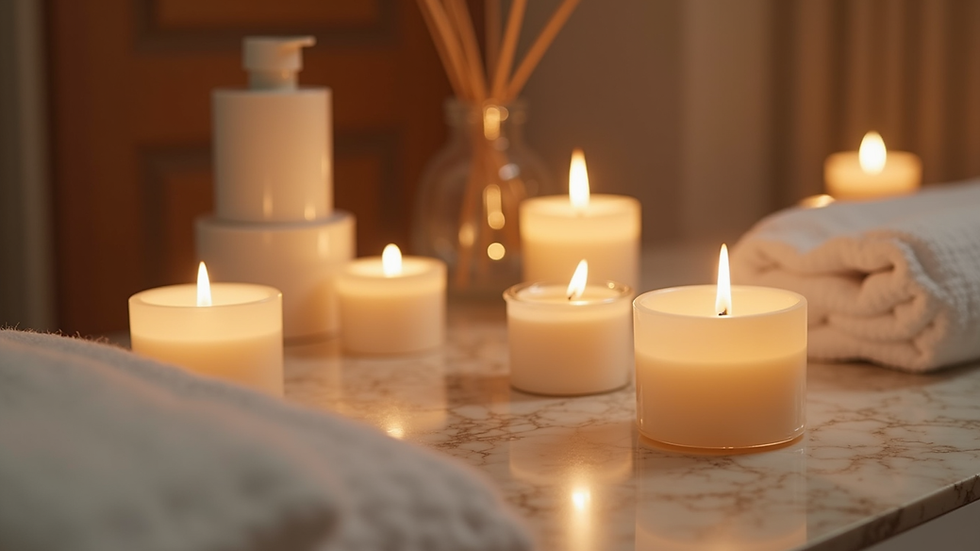 Eye-level view of a luxurious facial treatment setup with candles and skincare products