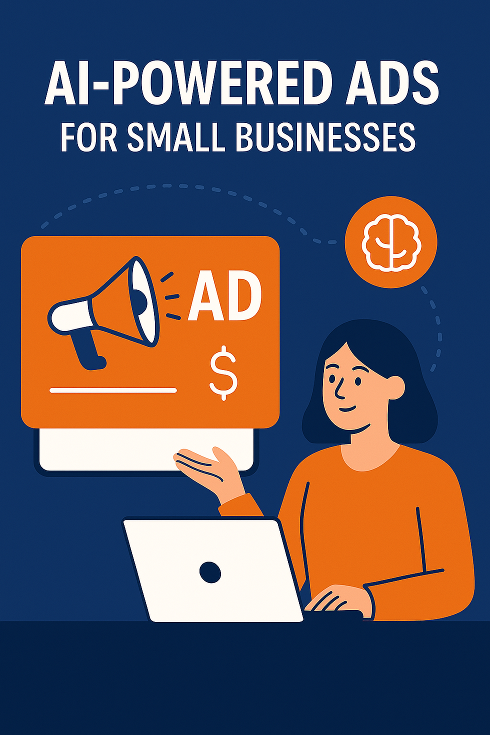 Woman presents AI-powered ads on laptop. Orange and navy color scheme, megaphone icon, and brain symbol in background.