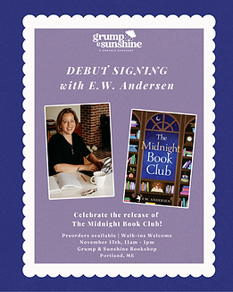 Image with author photo and book cover listing details for signing event.