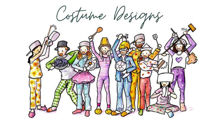 watercolour illustration of a group of people wearing pyjamas. they are also wearing funny hats and brandishing various different household objects