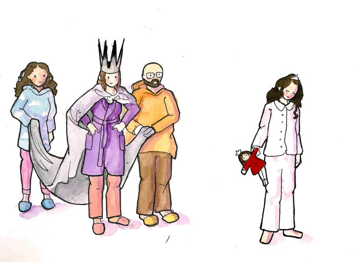 watercolour illustration of a woman in pyjamas, wearing a crown and a blanket as a cape. to her right is a girl with dark hair and white pyjamas, holding a doll in a red dress.