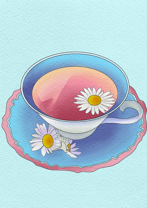 drawing of a cup of tea in the colours of the trans flag