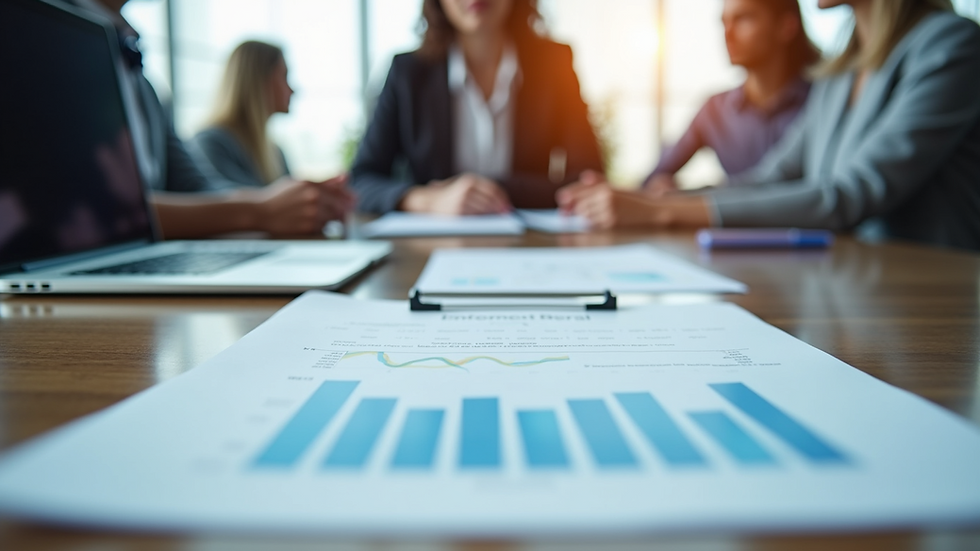 Eye-level view of a business meeting with documents and laptops on the table