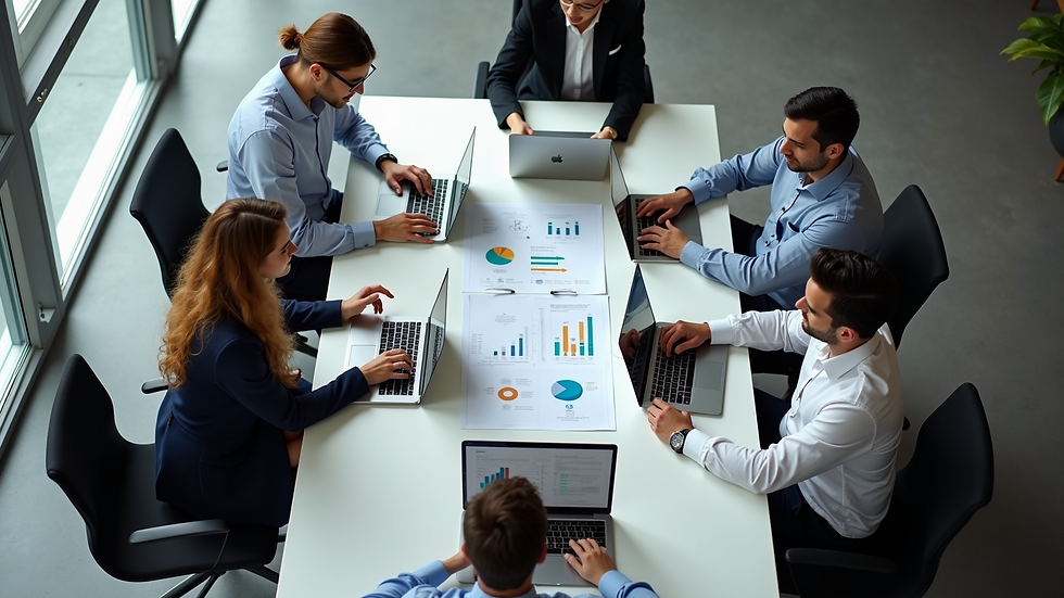 High angle view of a business team collaborating around a table with charts and laptops