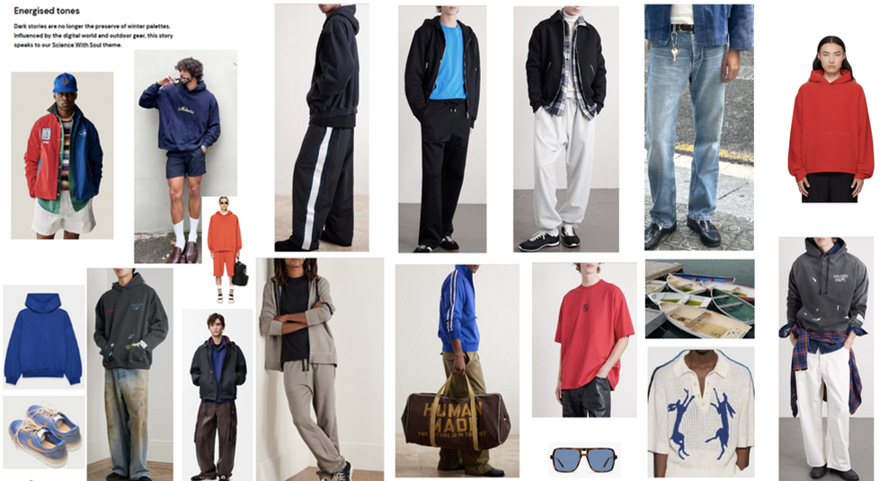 Menswear moodboards that I created for Bootlegger, in preparation for the spring/summer 2027 buying season. Relevant colours, textures, patterns and silhouettes were taken into consideration during the research and development of this project.