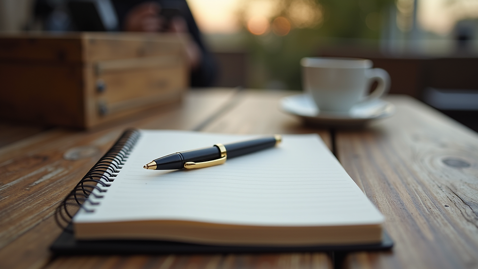 Eye-level view of a rustic wooden table with a notebook and pen