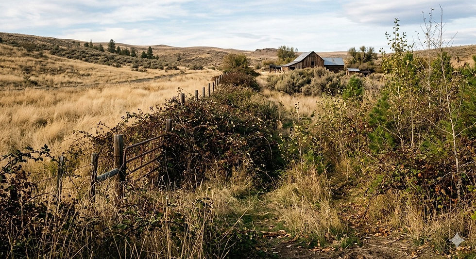 Rural landscape with grassy field, wooden fence, and distant barn. Sparse trees and bushes under a partly cloudy sky, evoking tranquility.