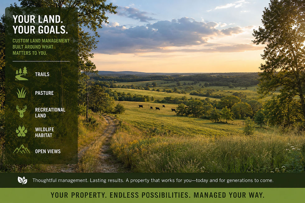 Lush landscape with grazing cows, trees, and sunset. Text on left promotes trails, pasture, and more. Mood: serene and timeless.
