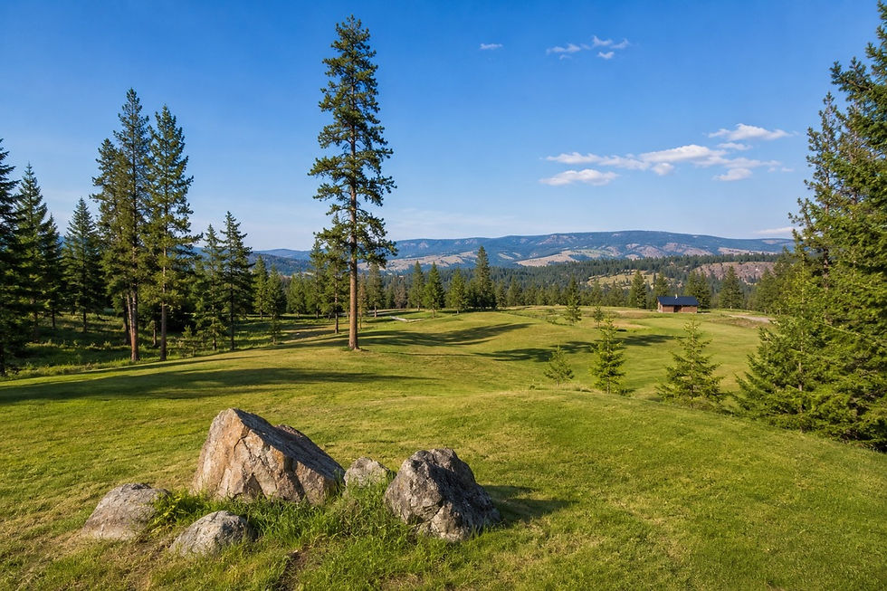 Lush green golf course with scattered pine trees under a clear blue sky. Distant mountains and a small cabin enhance the serene scene.