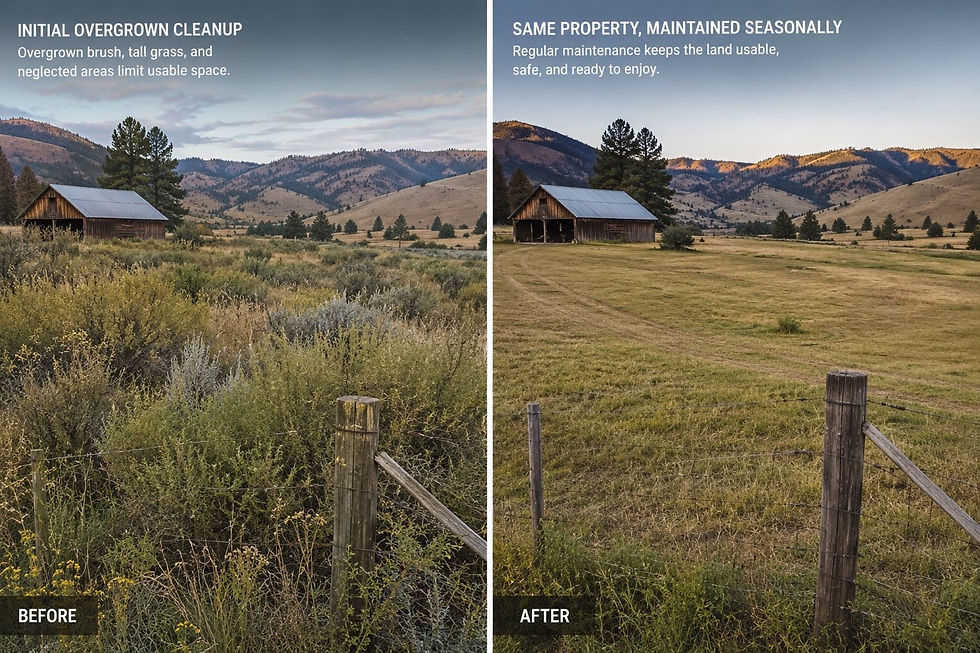 Left image: Overgrown brush and tall grass surround a barn. Right image: The same area is cleared, revealing a tidy field. Mountains in the background.