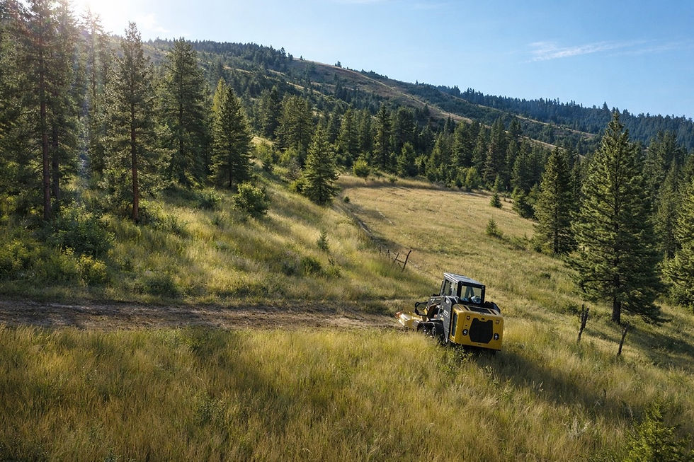 Eye-level view of cleared brush and spaced trees on rural land