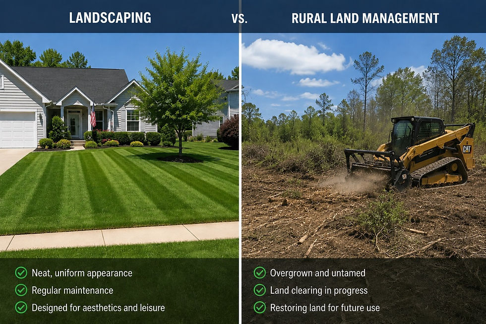 Split image: Left shows a landscaped yard with trimmed grass; right shows land clearing by a machine. Text compares landscaping to rural land management.