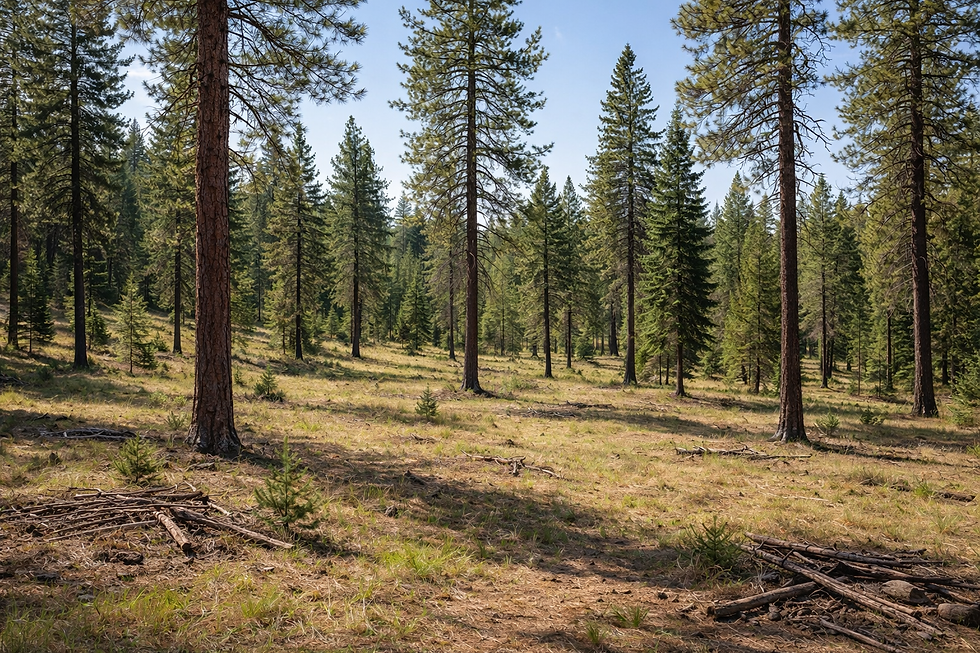 Eye-level view of a forest with selective thinning in progress