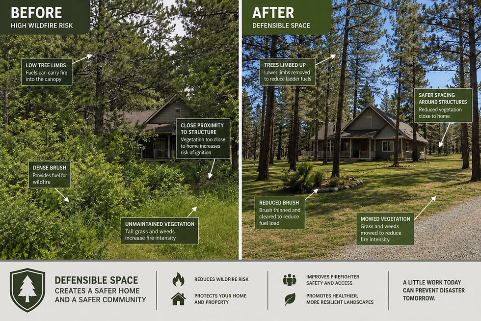 Before-and-after image of a house and forest. Left shows dense vegetation and wildfire risk. Right shows cleared, safer space and reduced risk.
